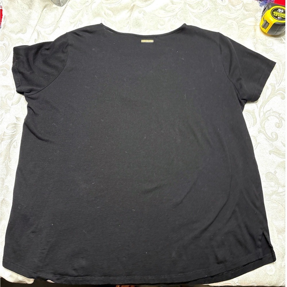 Michael Kors Black Lace Up Grommet Short Sleeve Top XL Gold Hardware Logo Plaque - Picture 3 of 5